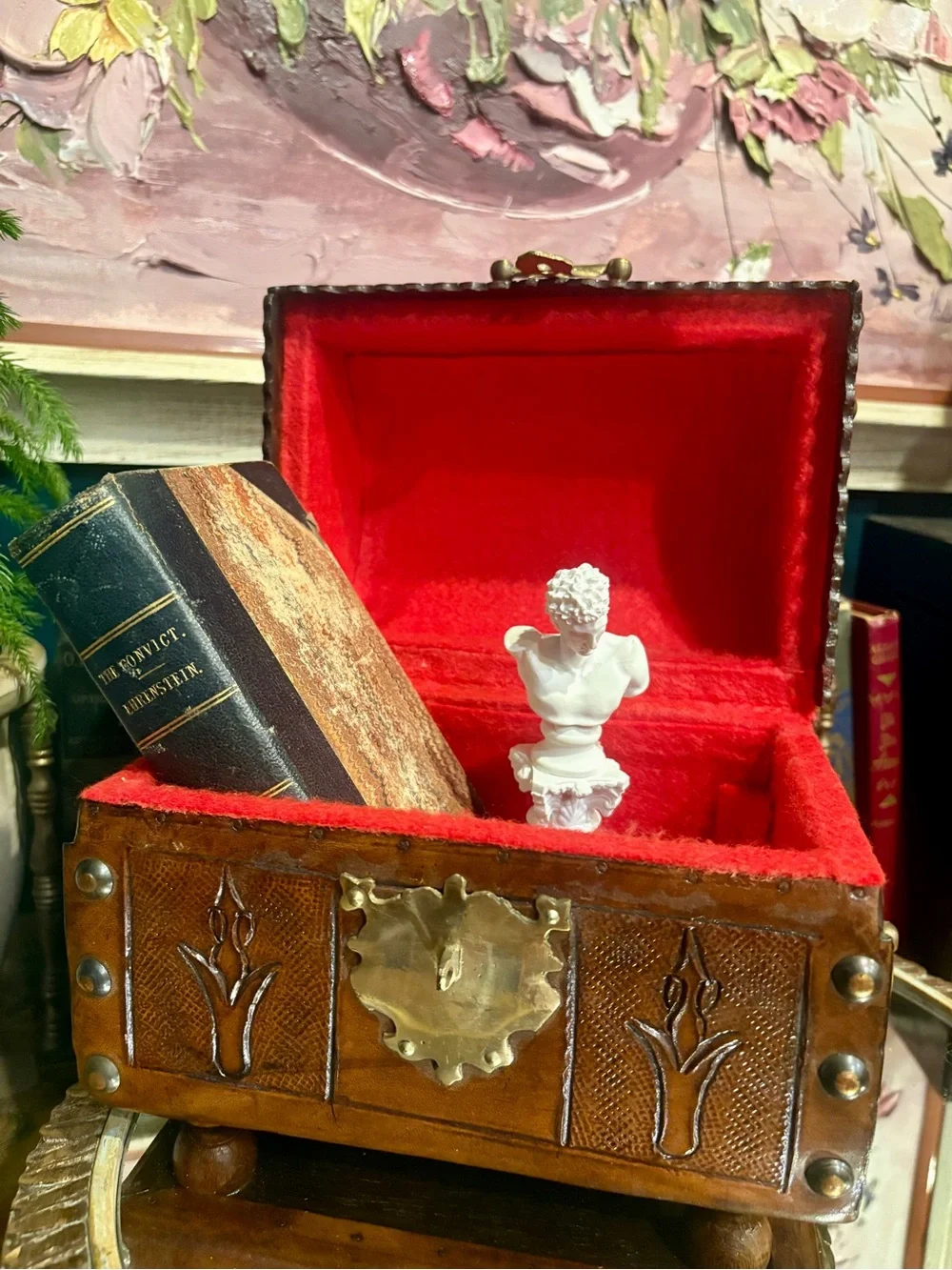Vintage Brown Leather Jewelry Trunk with Brass Hardware